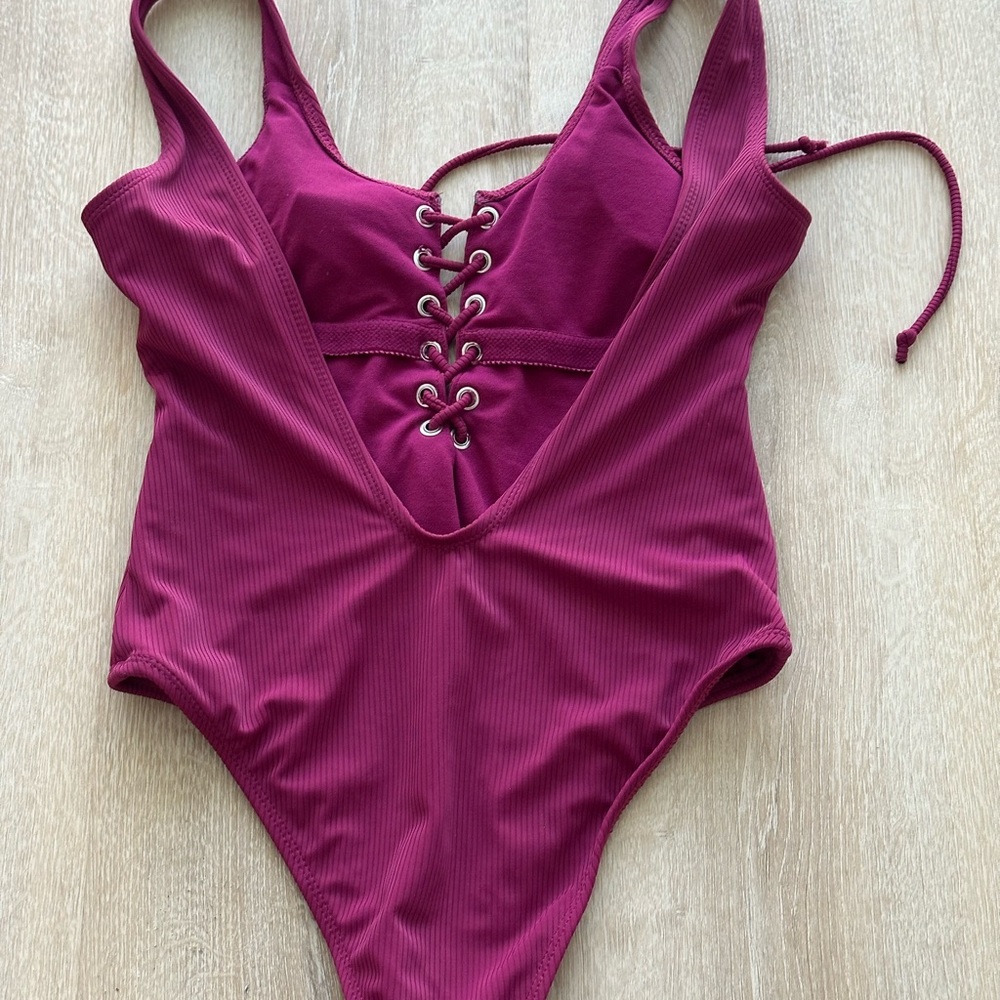 California Waves Burgundy One-Piece Swimsuit with Lace-Up Detail